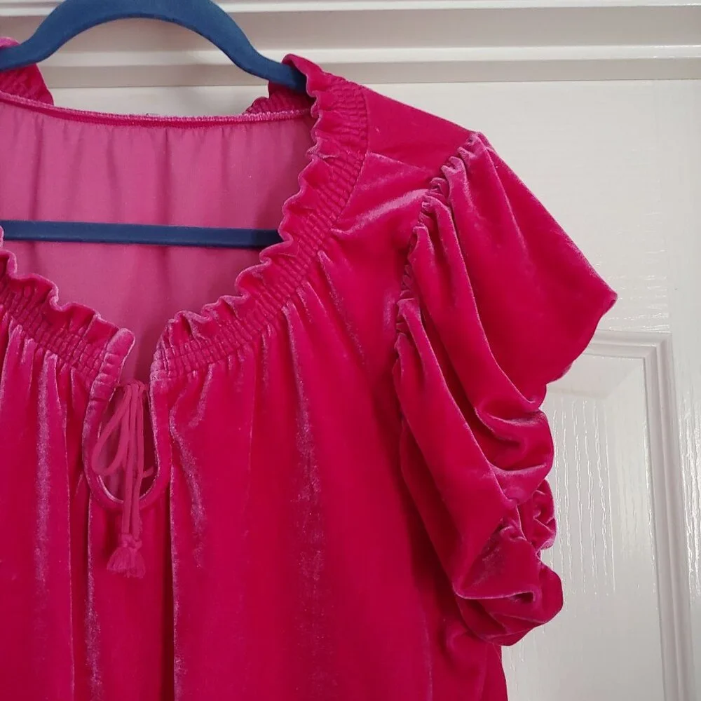 Free People Terese Velvet Short Sleeve Top Ruffle Coquette Twee Barbiecore Girly